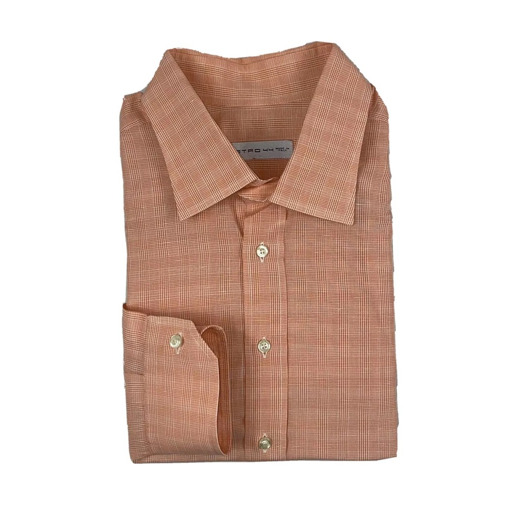 Etro Milano Orange Checked Cotton Linen Mens Button Front Size 44 Mint